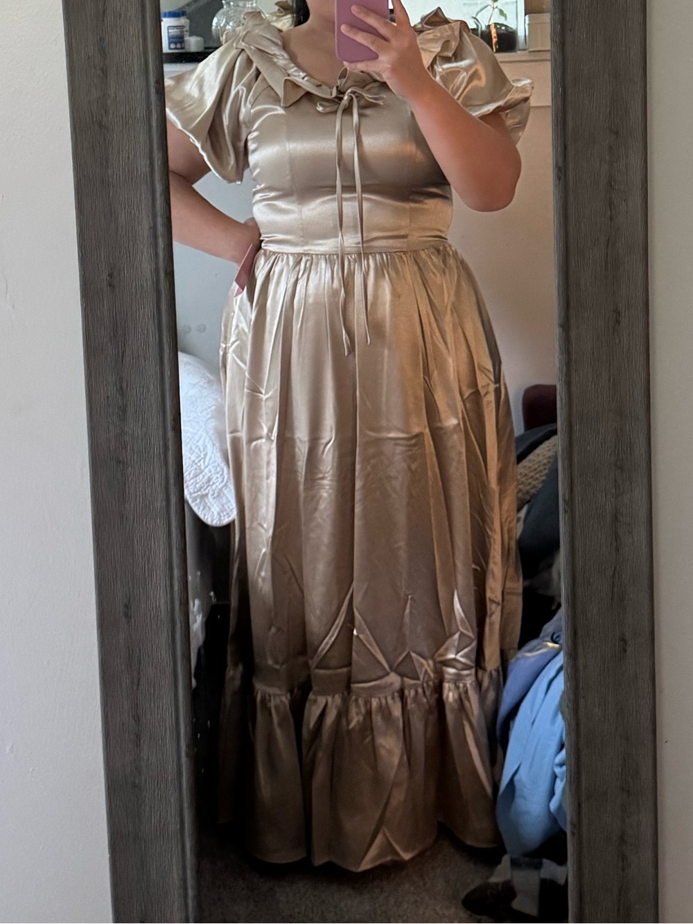 Ivy City Co Gold Satin Ruffle-Trim Maxi Dress - Picture 12 of 14